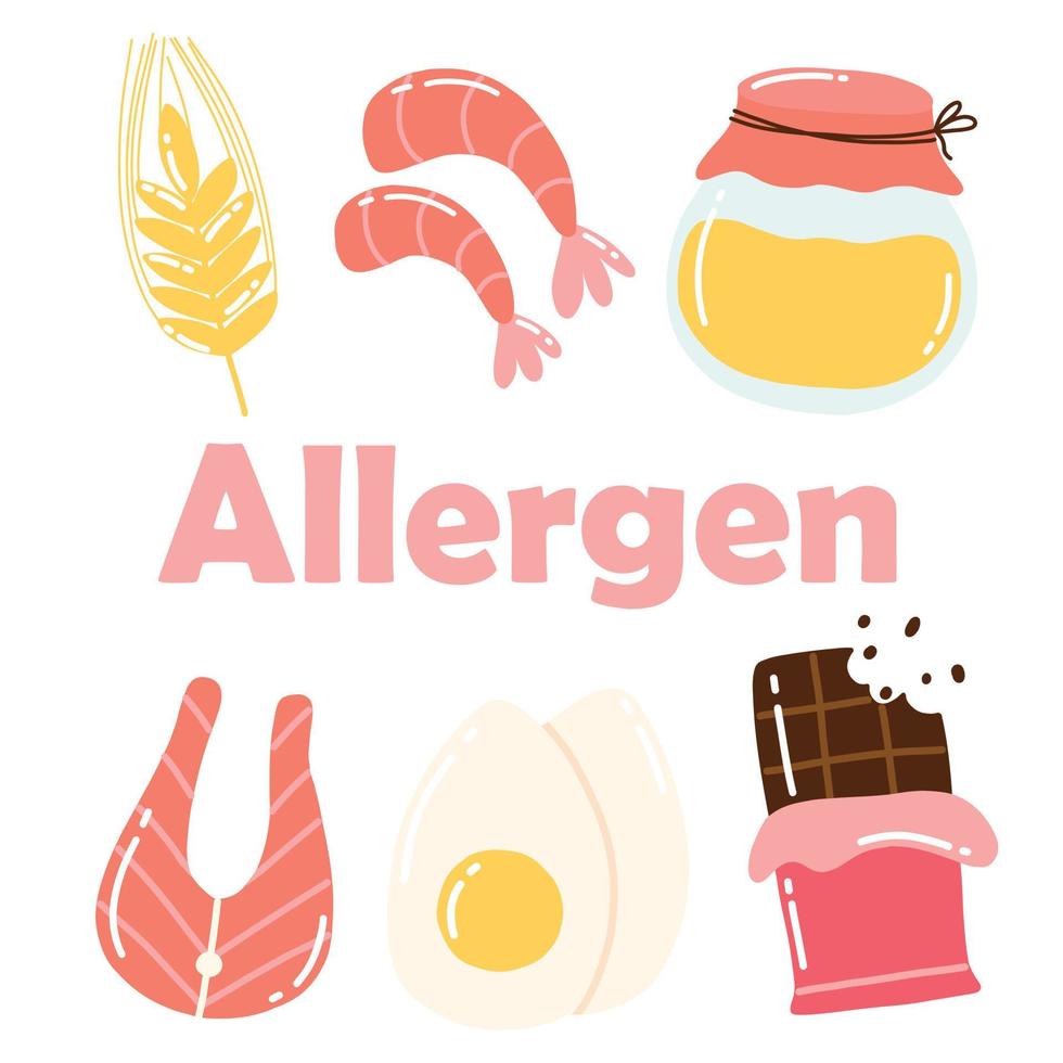 alérgenos alimentarios. colección de productos alérgenos. ilustración vectorial alergia. estilo dibujado. alérgeno pescado, huevo, miel, gluten. vector