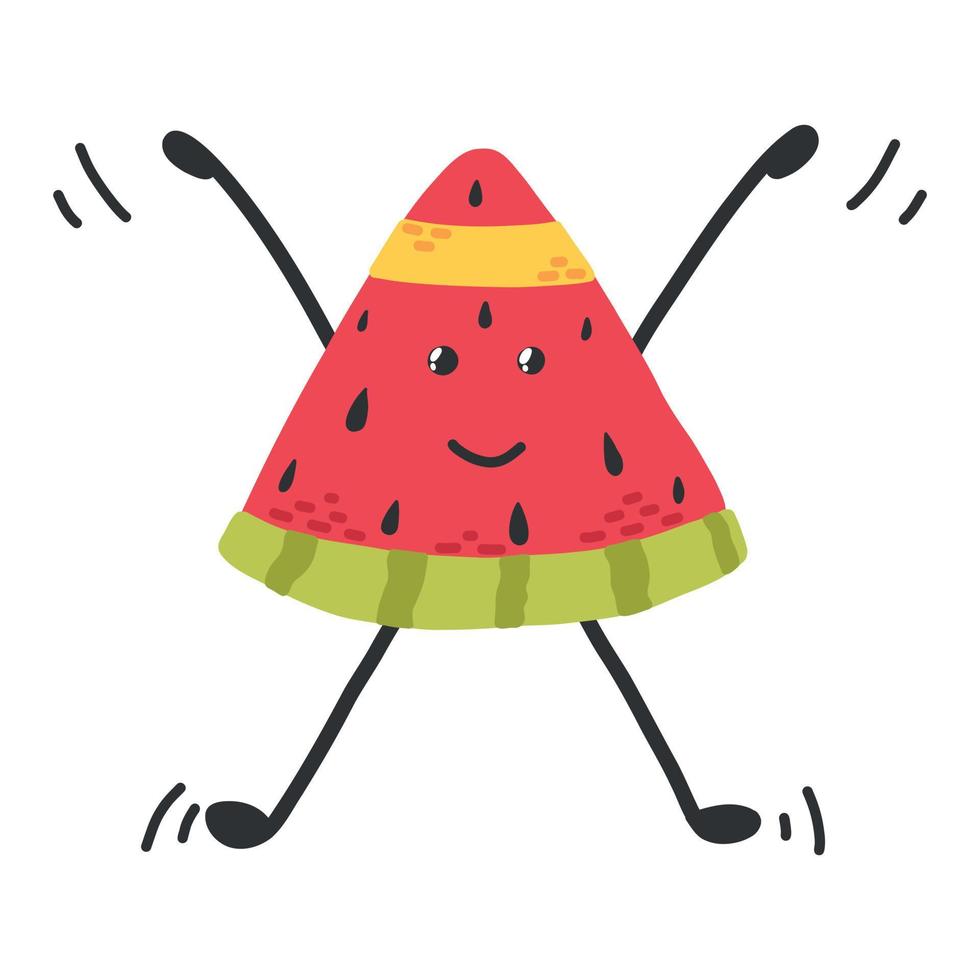 Cute watermelon is jumping. Sports, hobbies, exercises. Fruit character.Vector watermelon in kawaii style. Sports healthy watermelon. The concept of doing sports. vector