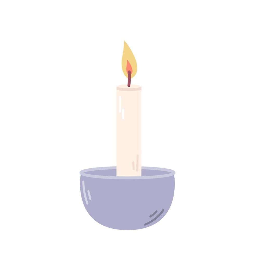 Lit candle in lilac candlestick, vector flat illustration on white background