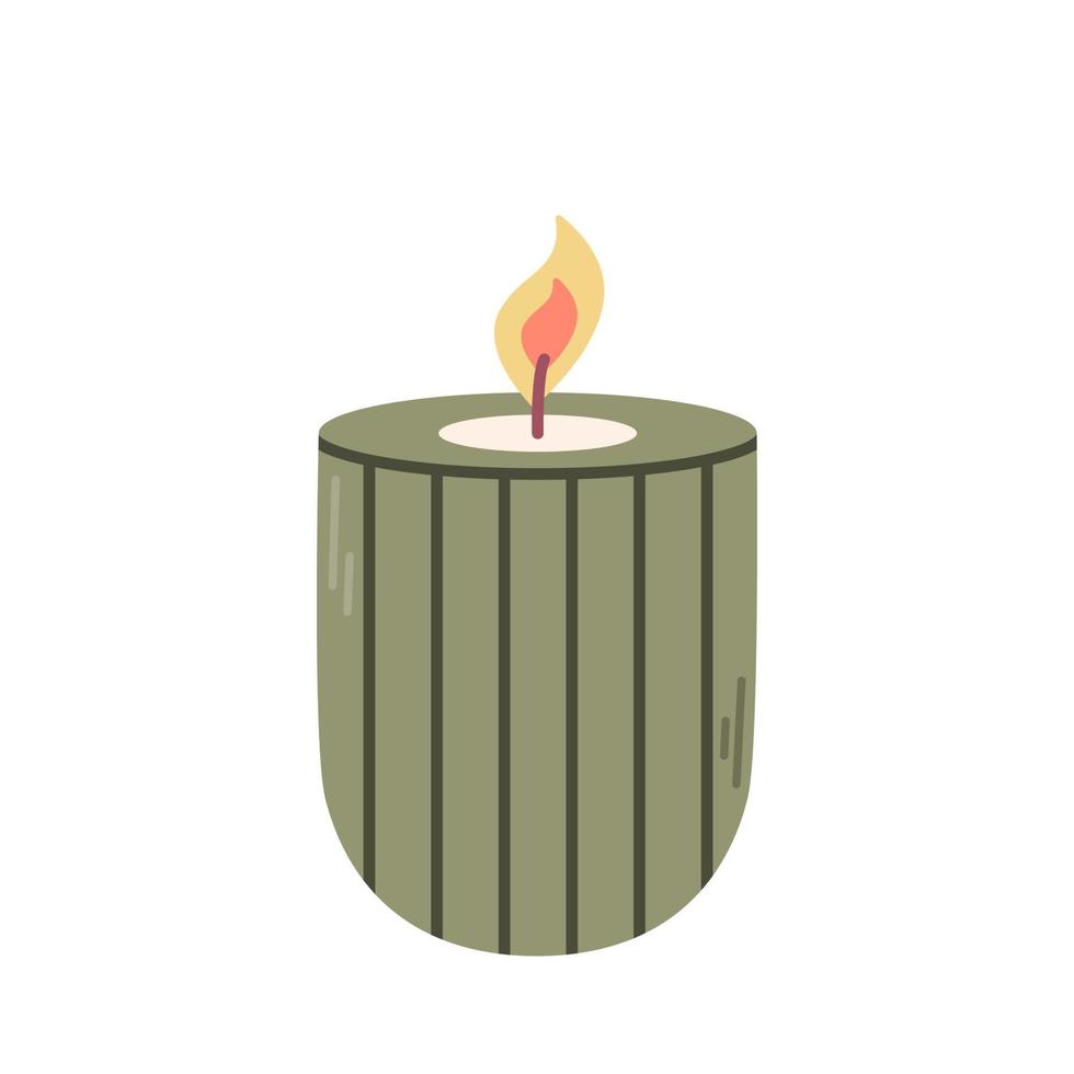 Lit candle in green candlestick, vector flat illustration on white background