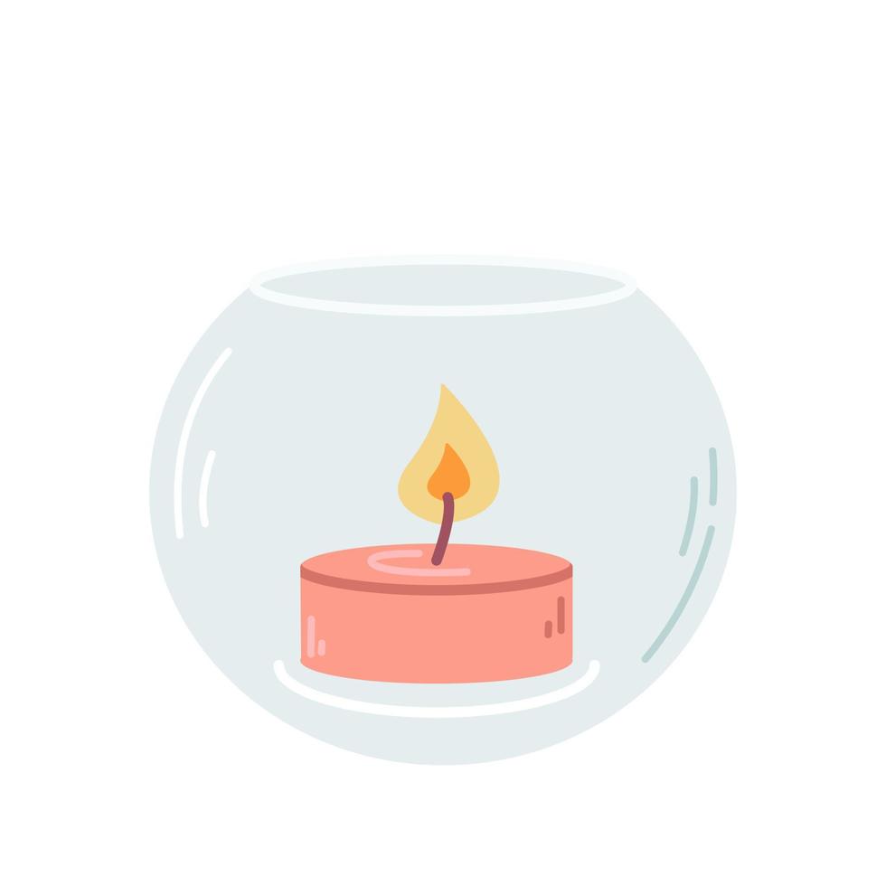 Lighted candle in glass candlestick on white background, vector flat illustration