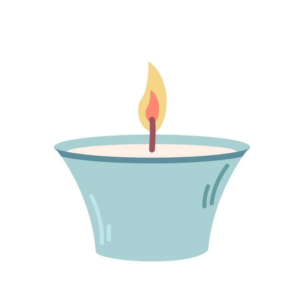 Lit candle in blue candlestick, vector flat illustration on white background