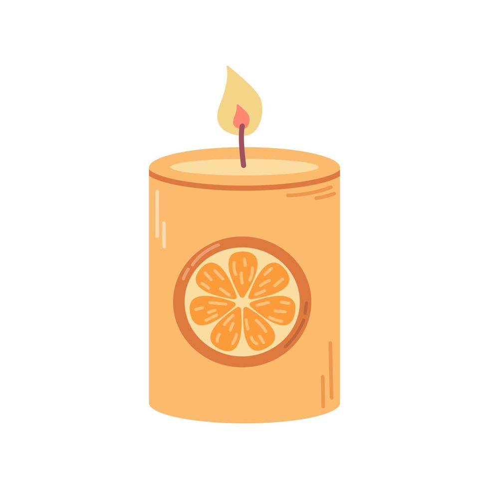 Lit aroma candle with slice of orange on white background, vector flat illustration