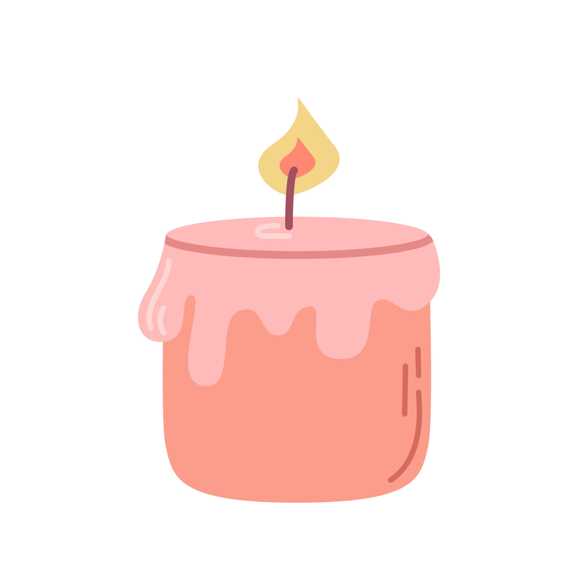 Lit pink candle with dripping wax on white background, vector flat