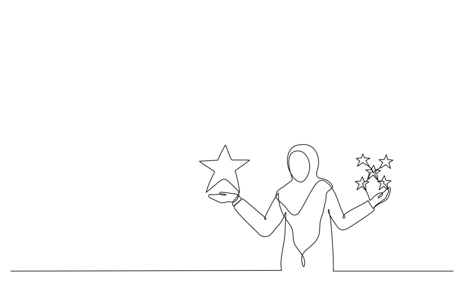 dibujo de mujer musulmana sosteniendo comparando la calidad de las estrellas. Metáfora de calidad vs cantidad. estilo de arte de una línea vector