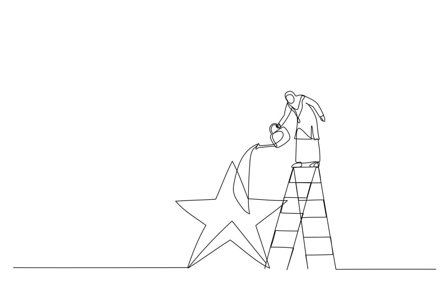 Illustration of muslim woman fill in golden star price. Metaphor for ambition. Continuous line art style vector