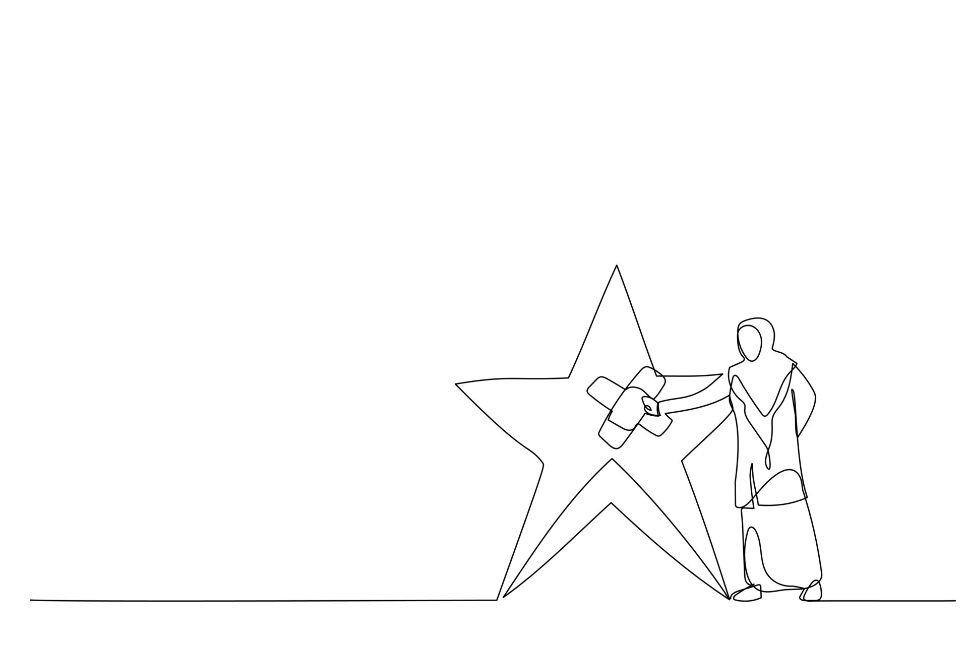 Drawing of muslim woman fix broken rating star with bandage. Metaphor