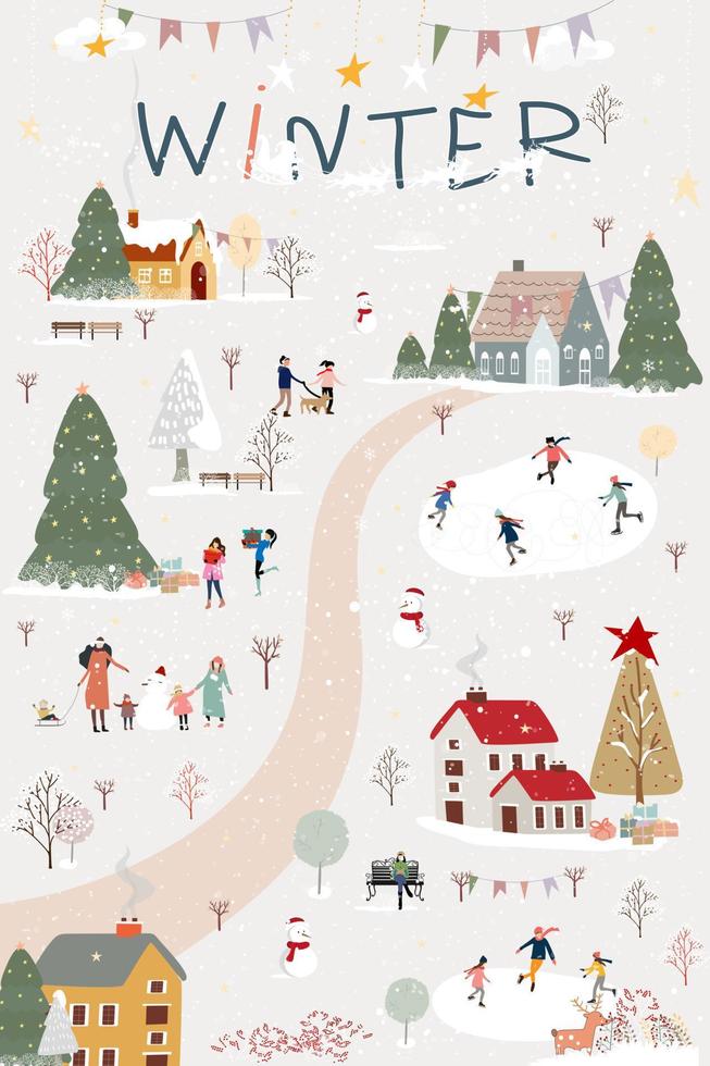 Winter wonderland on Chirstmas eve with people celebration in city park.Vector illustration Winter night scene Cute cartoon for greeting card  or banner for Christmas or New Year vector