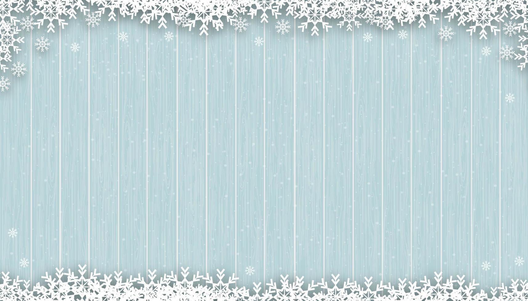 fondo de navidad con copos de nieve en textura de madera azul, escena de invierno vectorial con nieve en textura de panel de madera, telón de fondo de banner de pantalla 3d para el nuevo año 2023 o promoción de navidad vector