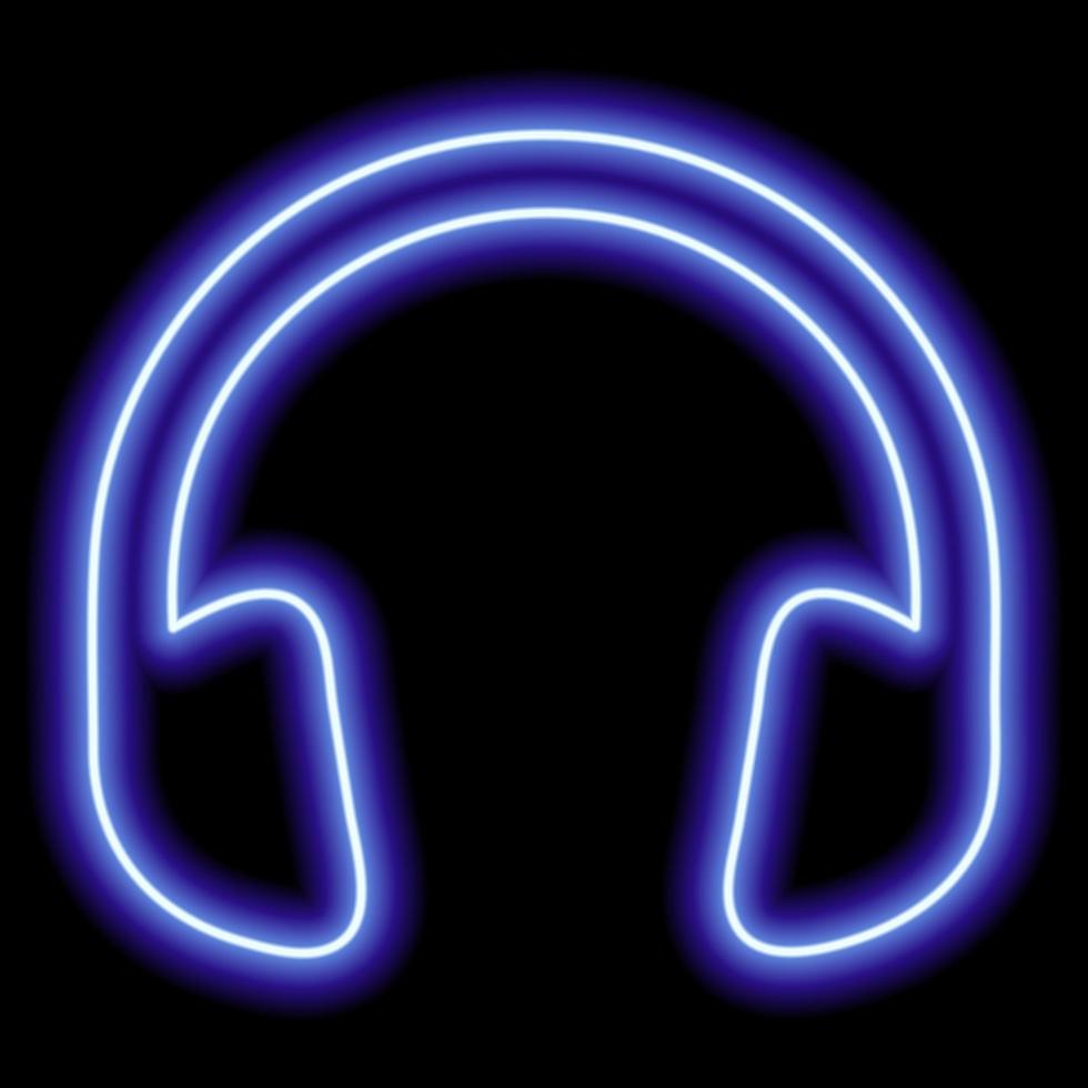 Blue headphones. Neon outline on a black background. One object. Listen to music, play vector