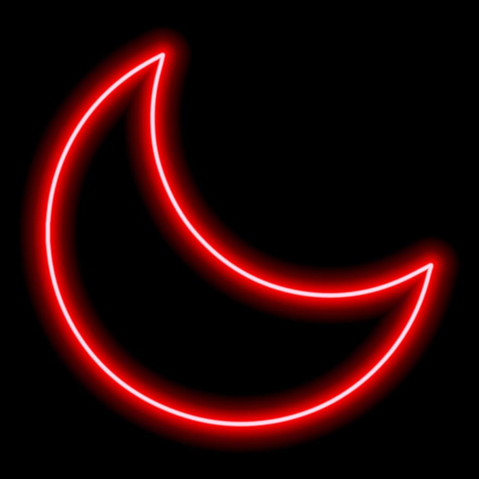 Red neon outline of the waning moon on a black background. Icon illustration vector