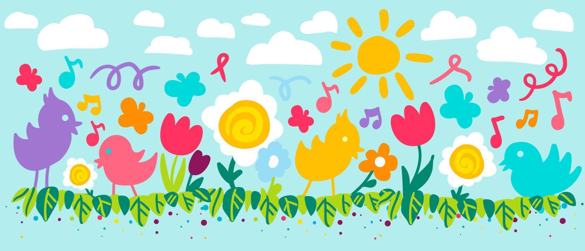 Flowers and birds flat vector illustration