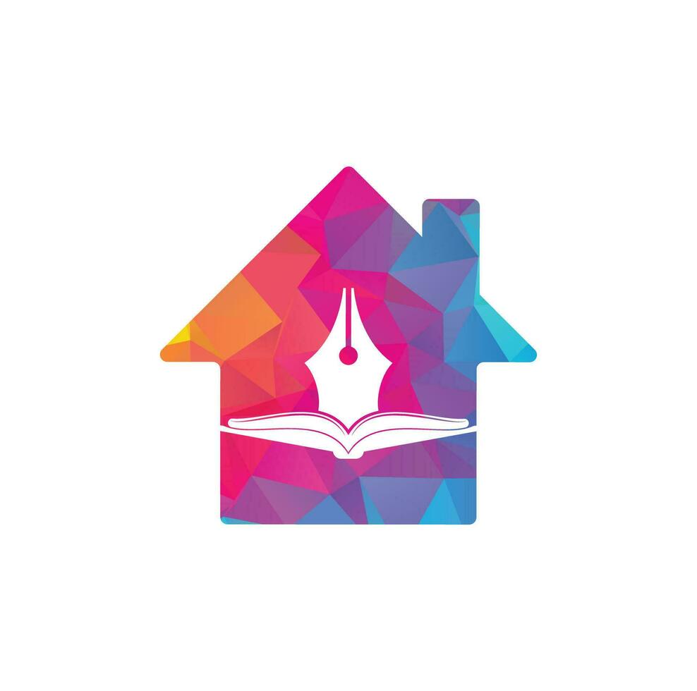 diseño de logotipo vectorial de concepto de forma de casa de libro y pluma. vector de diseño de plantilla de logotipo de escritor de libros.