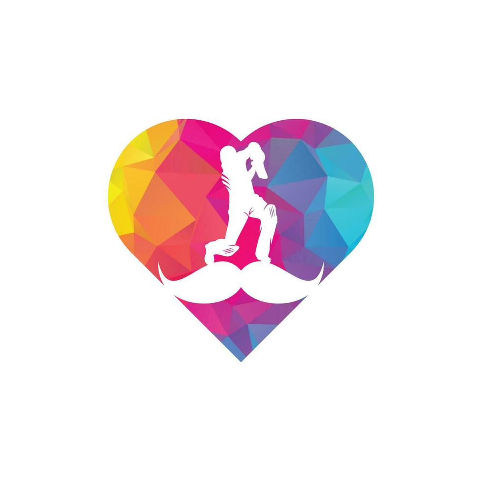 Strong cricket heart shape concept vector logo design. Moustache and cricket player vector icon design.