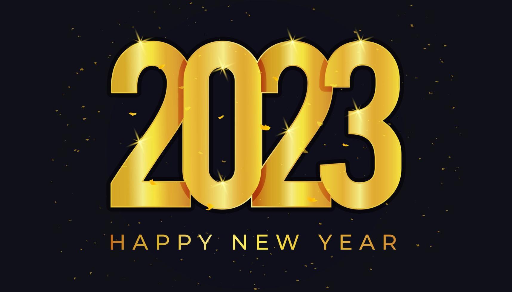 Happy New Year 2023 horizontal banner with golden color and confetti illustration on isolated background vector