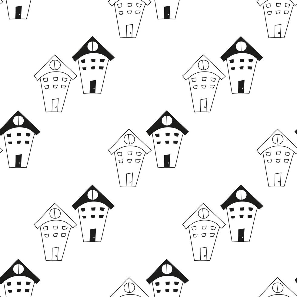 Doodle pattern with houses in black and white. Seamless hand drawn background for kids, fabric, prints vector