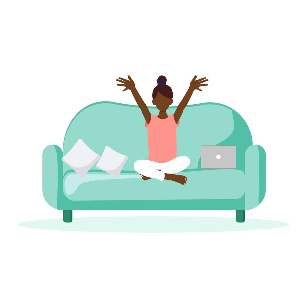 Little black girl sitting on the sofa with laptop holding her hands up. Funny active child. vector