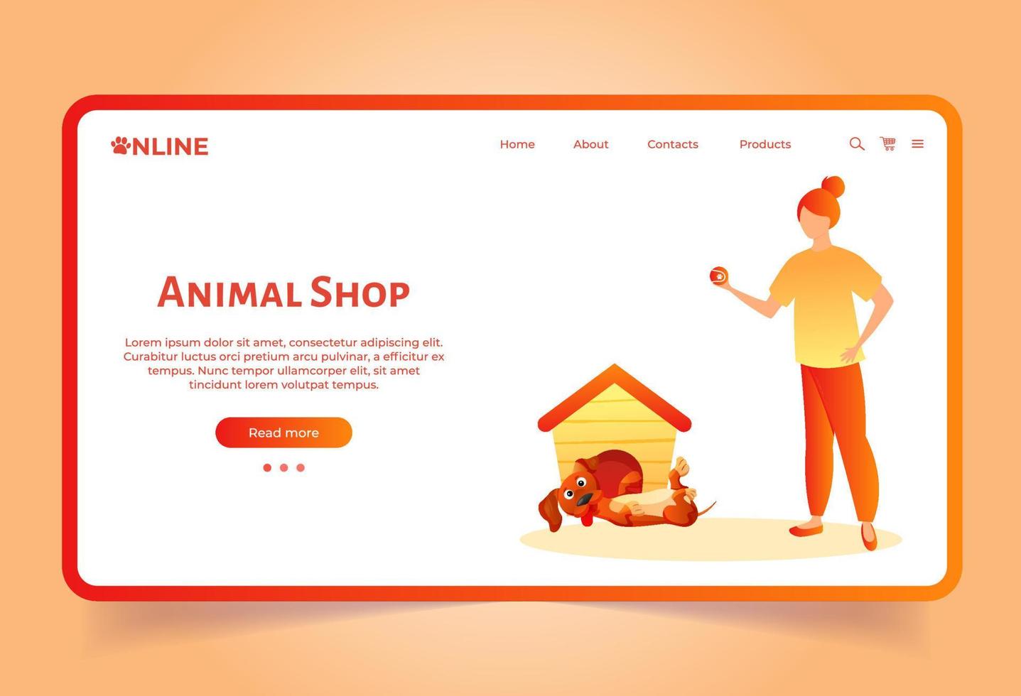 Landing page for pet shop. Online animal store. Dog cat shop. Pets care. Screen for ui, web. Flat cartoon style. vector