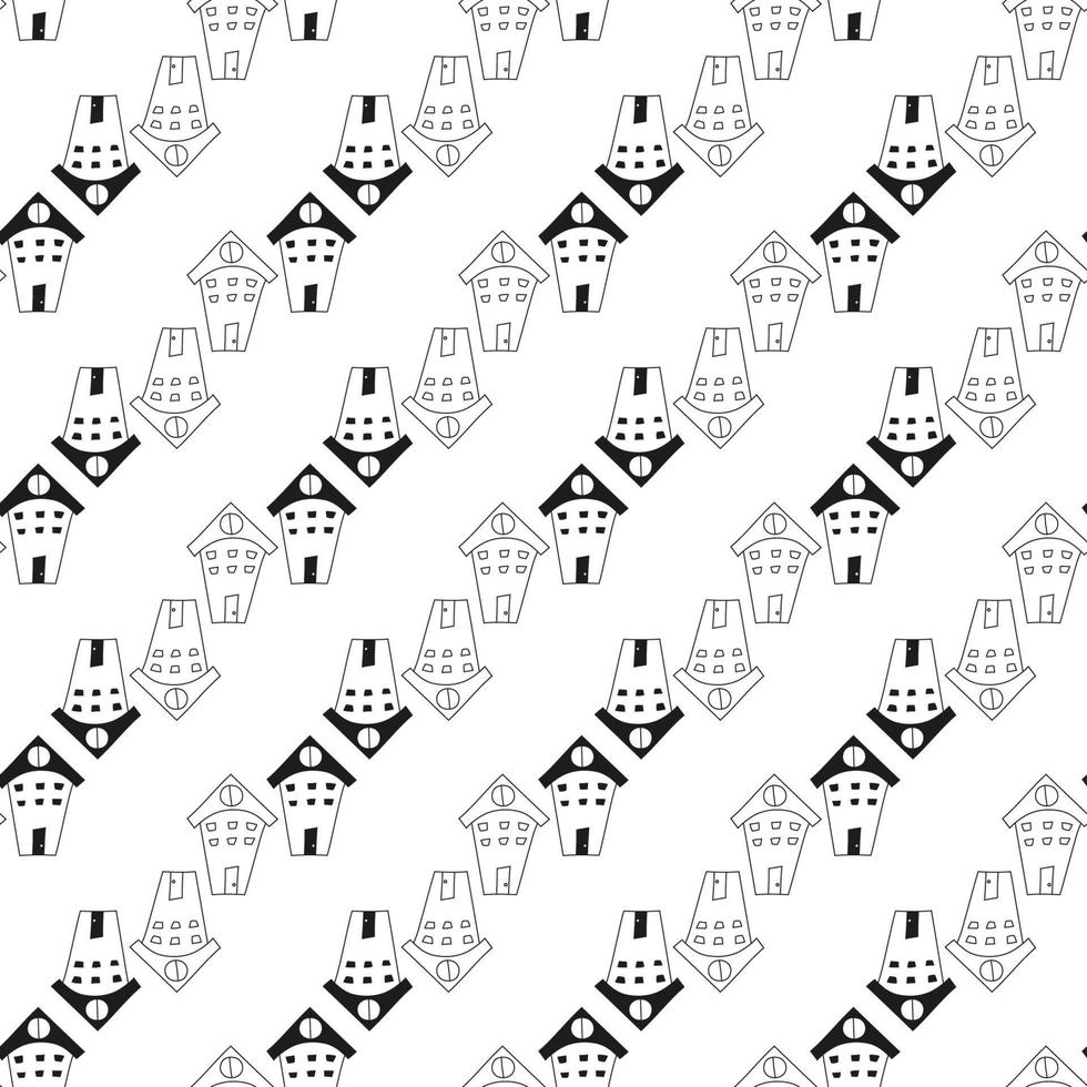 Doodle hand drawn pattern with houses in black and white style. Seamless line art buildings for kids, fabric, prints vector