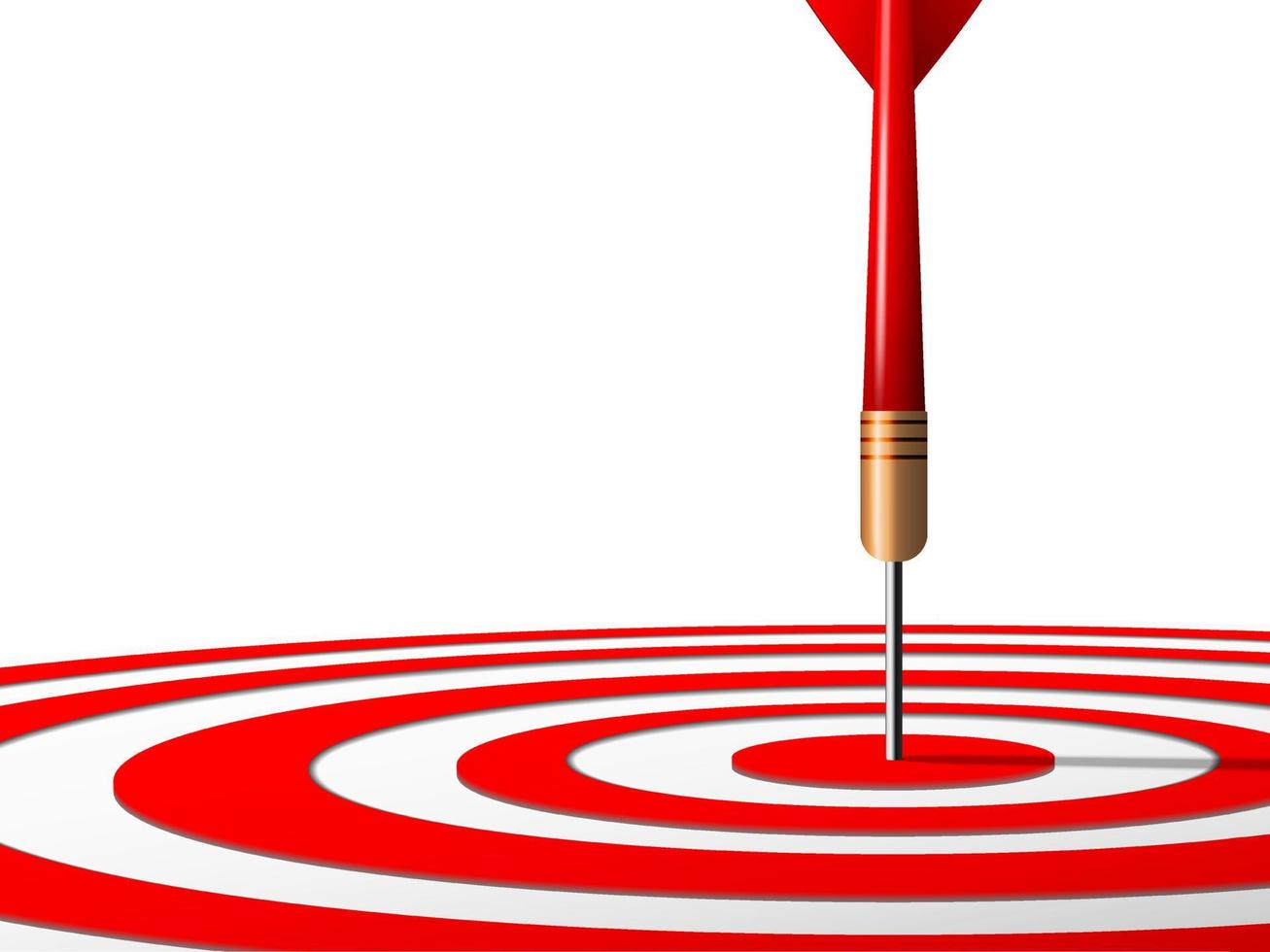 Close up of red dart hit to center of red dartboard. Arrow on bullseye in target. Business success, investment goals, purpose challenge, financial strategy, objective achievement, focus ideas concept. vector