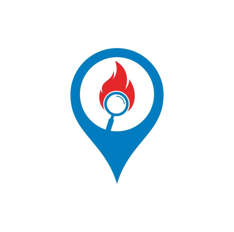 Fire Search map pin shape concept Logo Template Design Vector. Find Fire logo design template. Fire and magnifying glass icon vector
