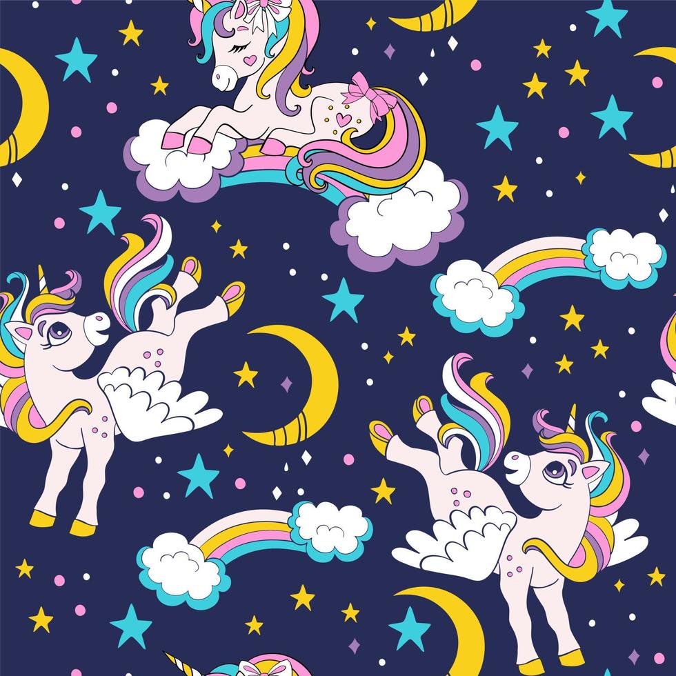 Seamless pattern with lovely unicorns in night sky vector