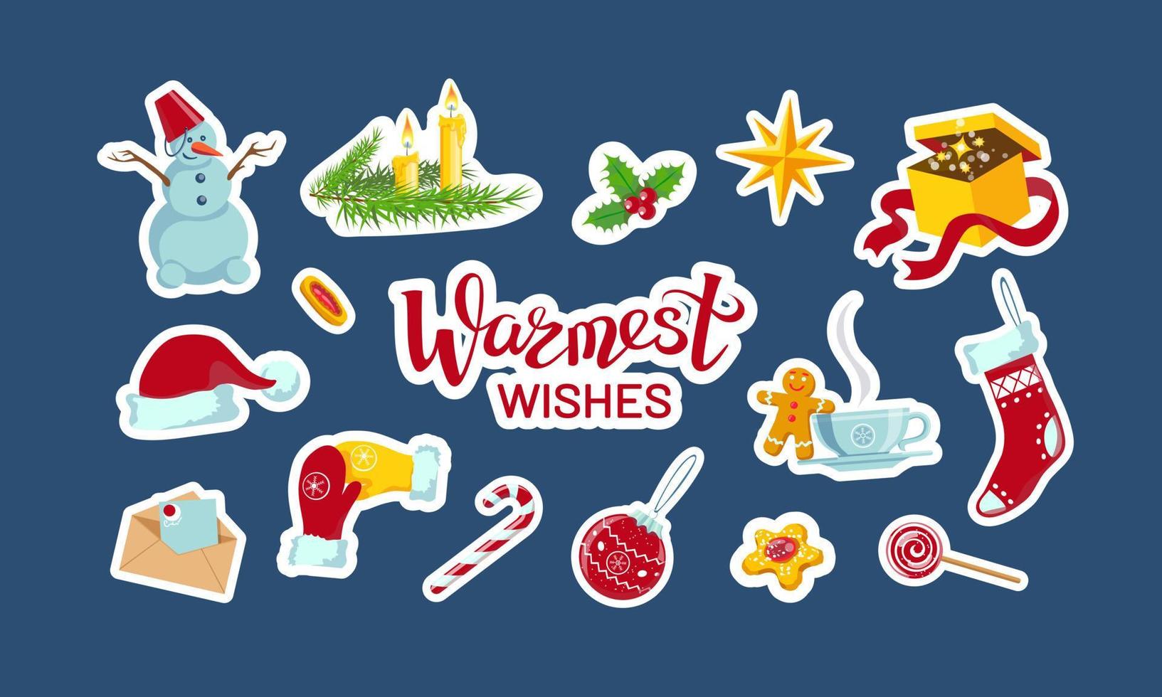 Warmest wishes, set of New Year and Christmas stickers vector