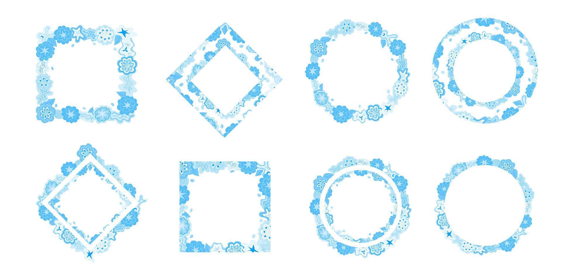 Floral Wreath Set, Blue Doodle Frames, Made of Various Shapes. Hand Drawn Elements vector