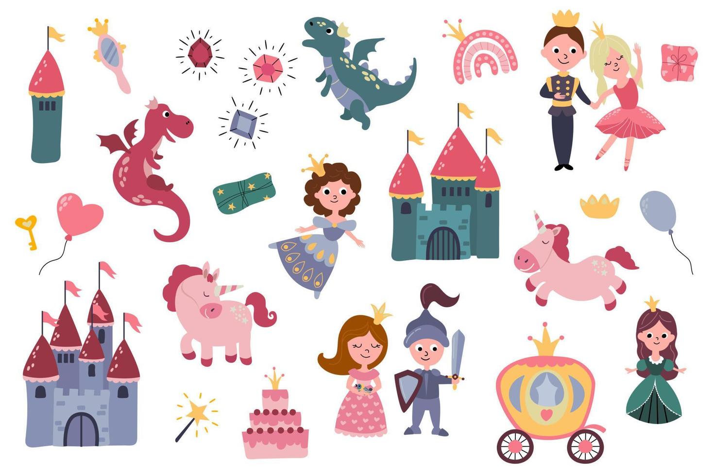 Set of illustrations with princesses, prince, knight, castles, unicorns, rainbows, dragons, carriage. Hand-drawn illustration. Vector. vector