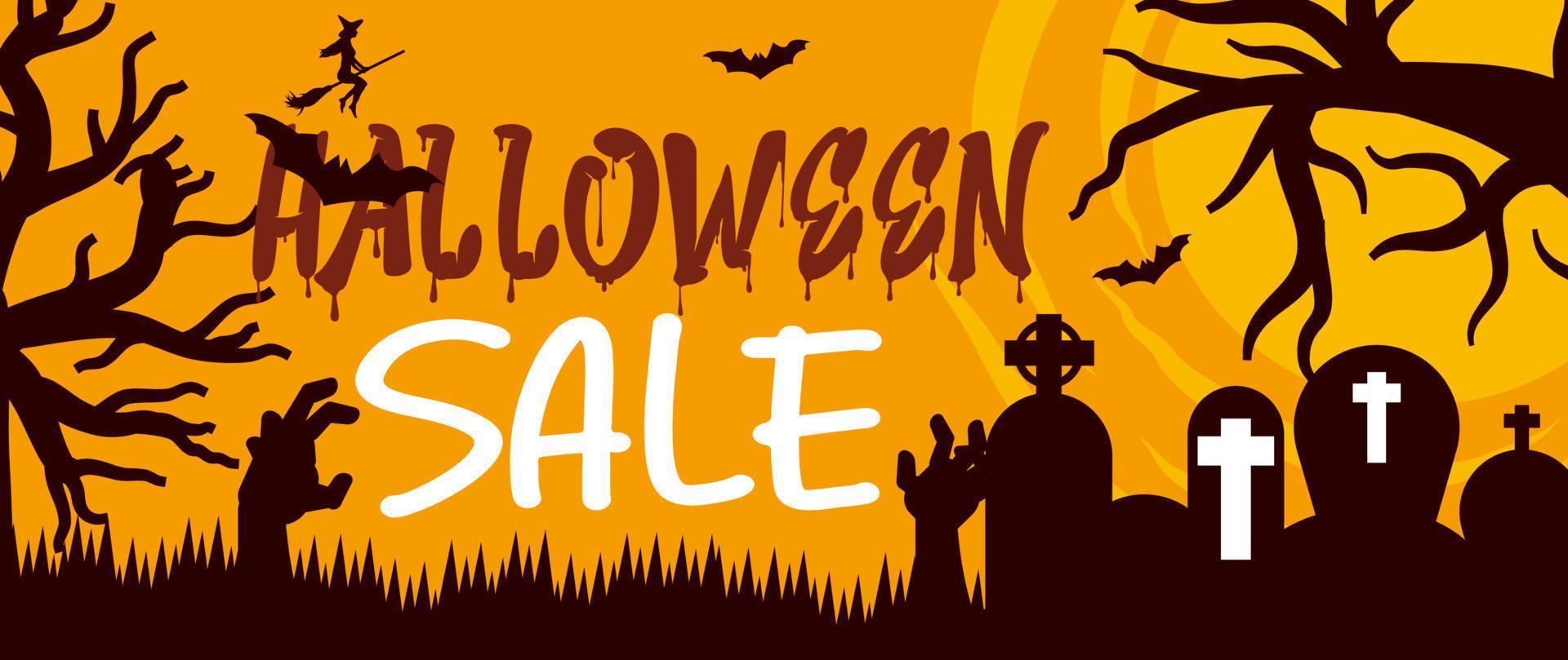 Halloween Horizontal Sale off Banner. Email marketing web banner. Black background banner with Spider, spider web, pumpkin. Typography and calligraphy of Halloween. Black border illustration. vector