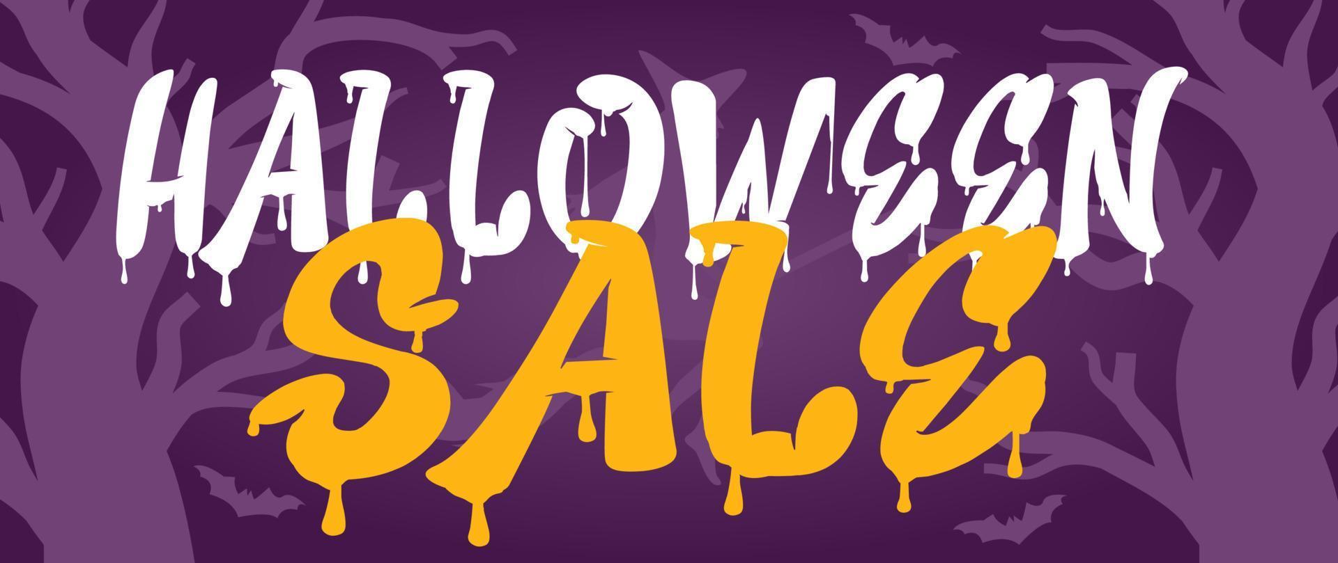 Halloween Horizontal Sale off Banner. Email marketing web banner. Black background banner with Spider, spider web, pumpkin. Typography and calligraphy of Halloween. Black border illustration. vector