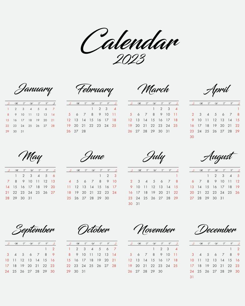 2023 Calendar year vector illustration. The week starts on Sunday. Annual calendar 2023 template. Calendar design in black and white colors, Sunday in red colors. Vector