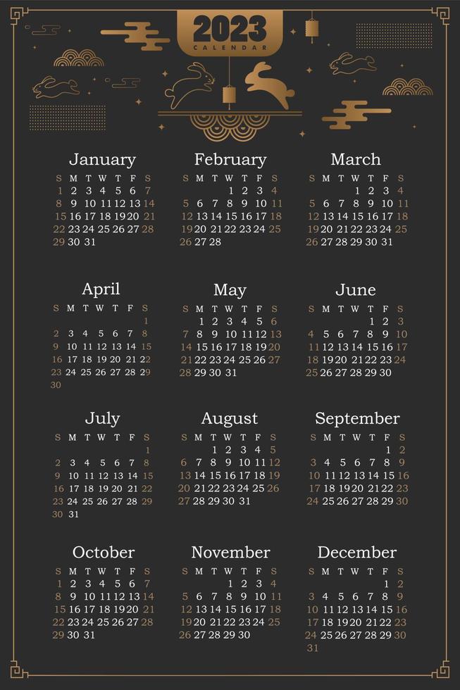 plantilla de calendario para 2023. diseño horizontal con conejo negro para el año de conejo 2023. plantilla de página de ilustración editable a4, a3, conjunto de 12 meses con tapa. vector. la semana comienza el lunes. vector