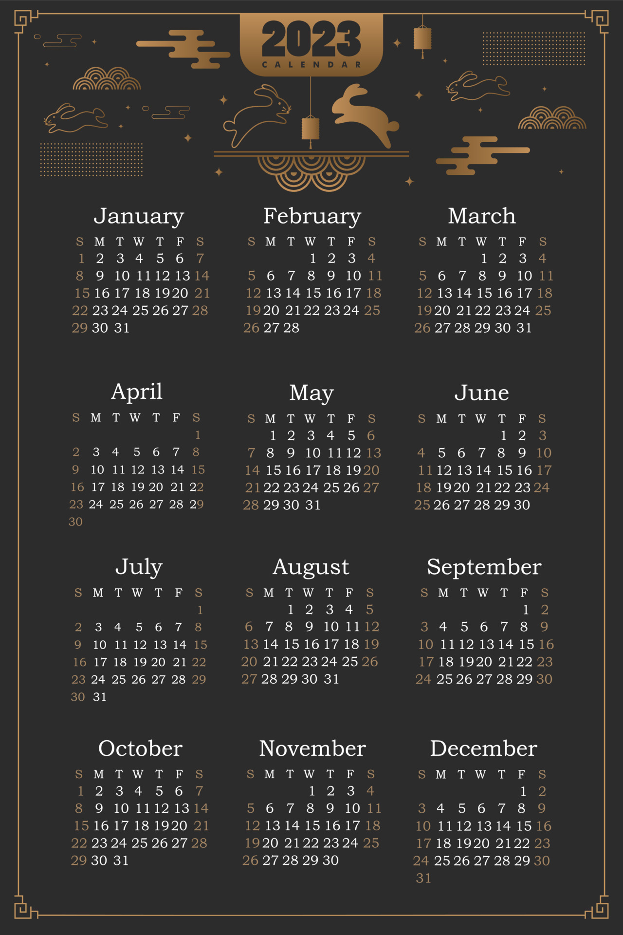 Calendar Template For 2023. Horisontal Design With Black Rabbit For The  Year Of Rabbit 2023. Editable Illustration Page Template A4, A3, Set Of 12  Months With Cover. Vector. Week Starts On Monday.
