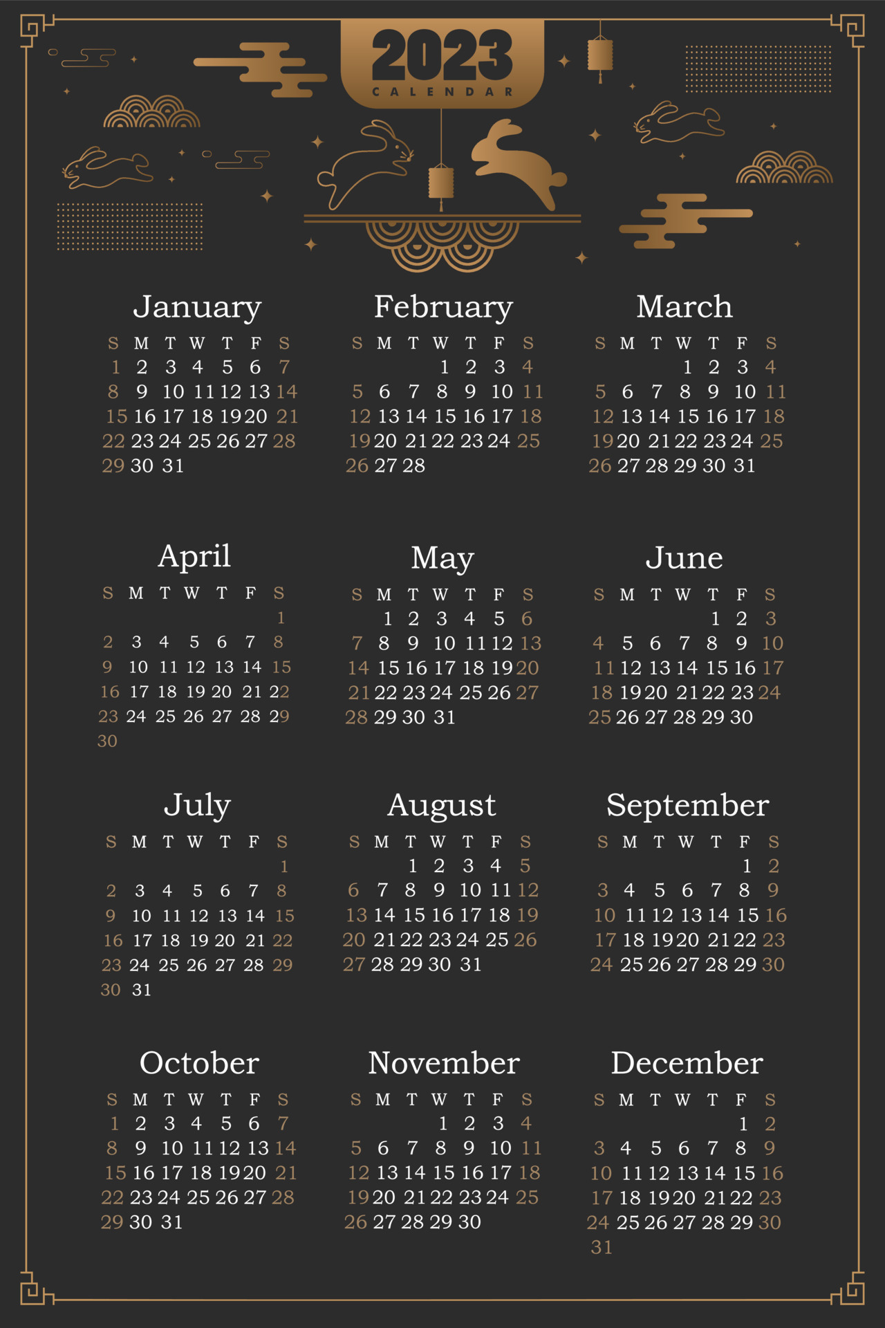 Calendar Template For 2023. Horisontal Design With Black Rabbit For The  Year Of Rabbit 2023. Editable Illustration Page Template A4, A3, Set Of 12  Months With Cover. Vector. Week Starts On Monday.