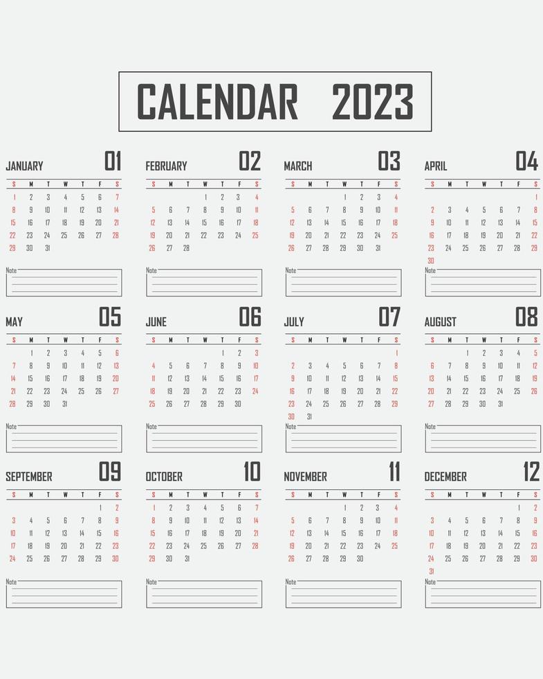 Monthly calendar template for 2023 year. Week Starts on Sunday. Wall calendar in a minimalist style. vector