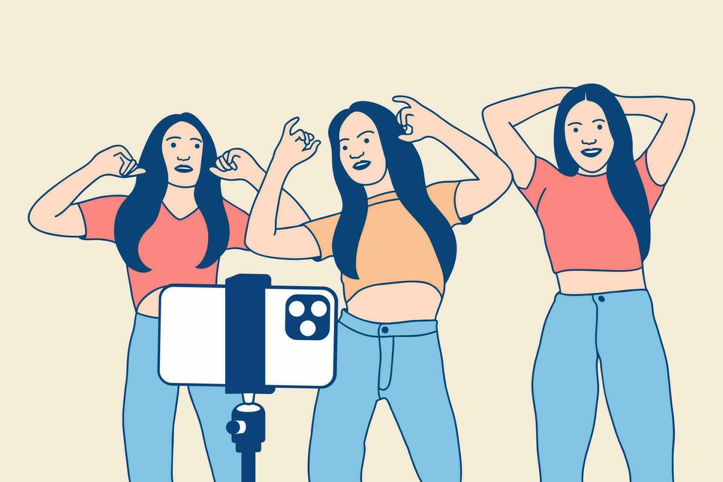 grupo de ilustraciones de hermosa chica influyente feliz grabando video de baile con teléfono inteligente para el desafío tiktok vector