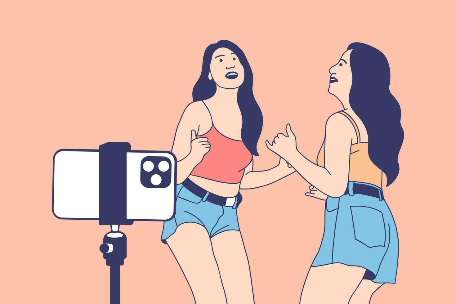 Illustrations Group of Beautiful influencer girl happy recording dancing video with smartphone for tiktok challenge vector