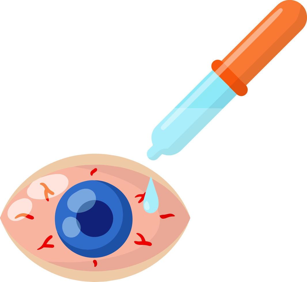 Pipette and eyedropper. Red eye disease. Medicine for blood vessels and Allergy Problems. Conjunctivitis and health. Flat Drop of water. Blue human pupil vector