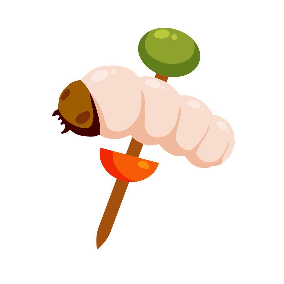 Edible larva. Eating caterpillar on skewer. Asian snack and street fast food. Source of insect protein. vector