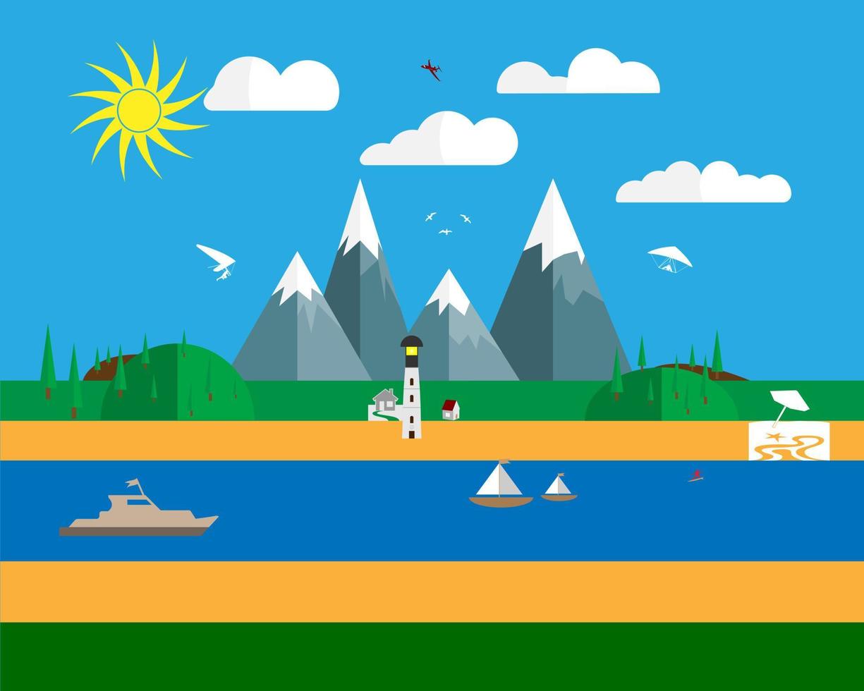 Flat design of nature against the backdrop of mountains of water with boats and sailboats vector