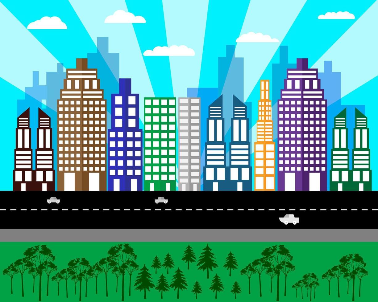 paisaje urbano plano de casas altas en el fondo de un camino de árboles de nubes vector