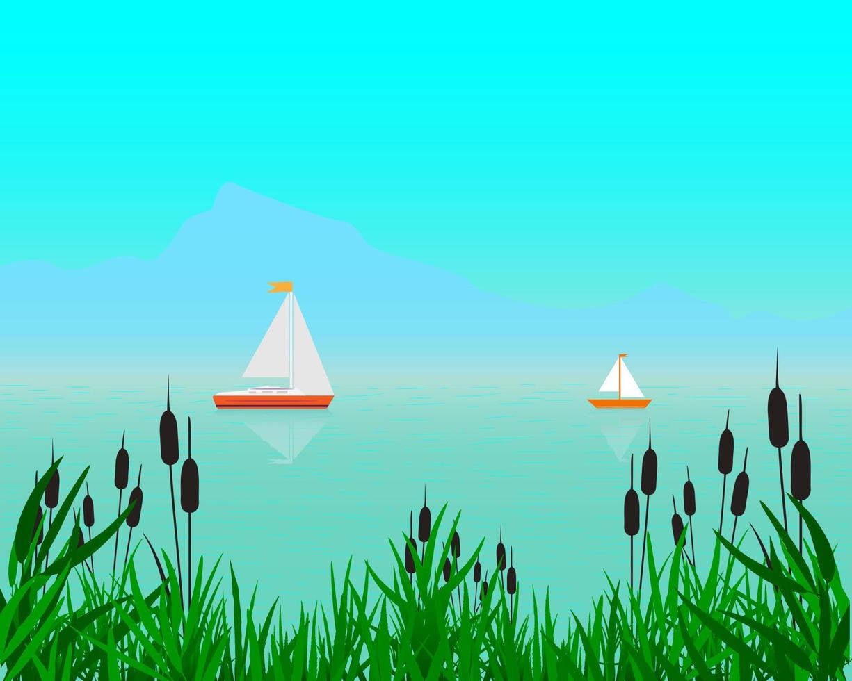 floating two sailboats against the background of mountains and grass vector