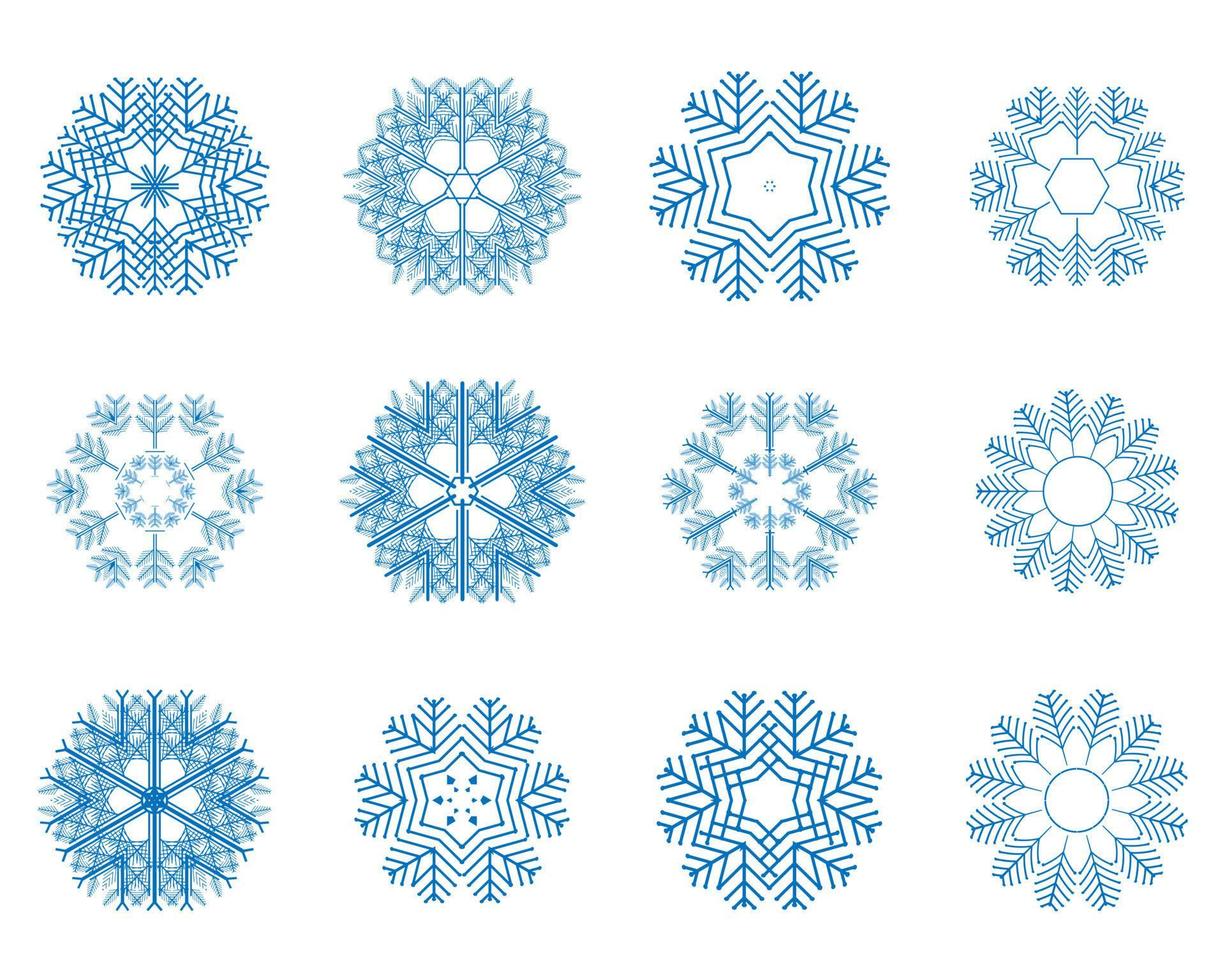 diferentes copos de nieve de invierno de color azul sobre un fondo blanco vector