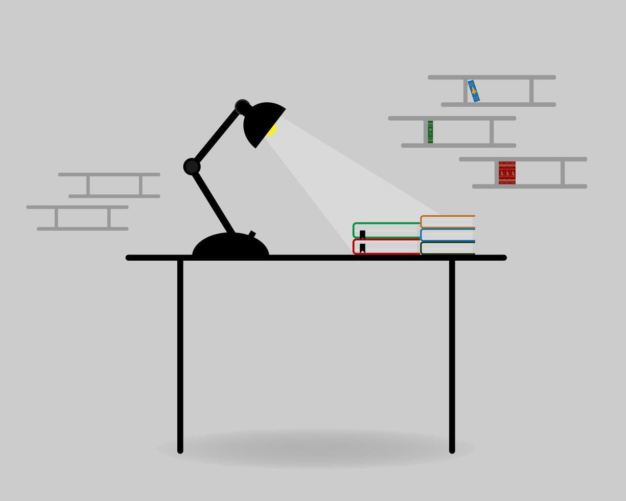table lamp on the table with books and book shelves vector