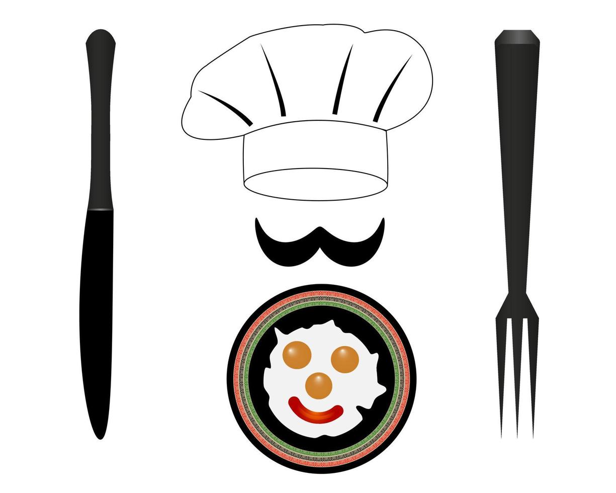 tocado chef cuchillo tenedor huevos fritos en un plato vector