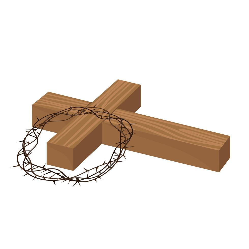 mentiras cruzadas cristianas de madera 3d. la corona de espinas yace en la cruz vector
