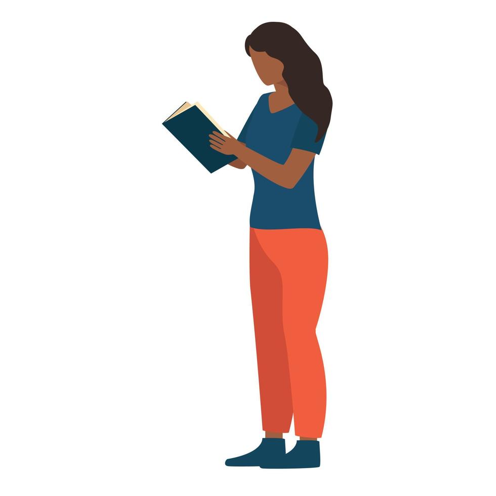 niña afroamericana de pie y leyendo un libro. ilustración vectorial vector