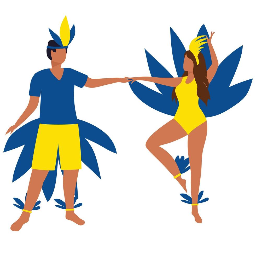 Two people are dancing on carnival.   Man and woman in carnival costume dancing in blue and yellow color. Vector illustration.