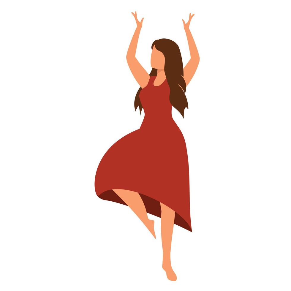 Beautiful European woman or girl dancing in red dress with hands up. Vector illustration.